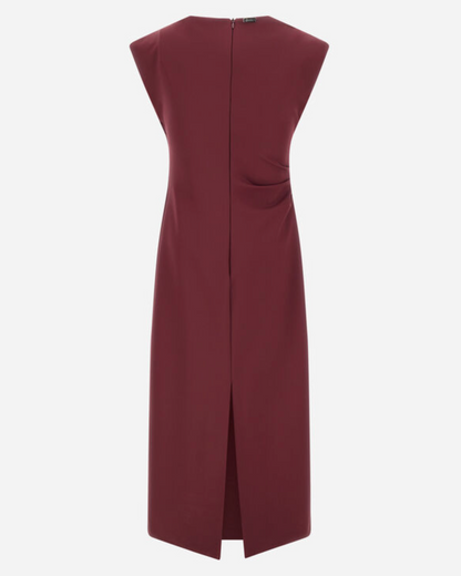 Herno bordeaux midi dress back view with cap sleeves, back slit, and zip