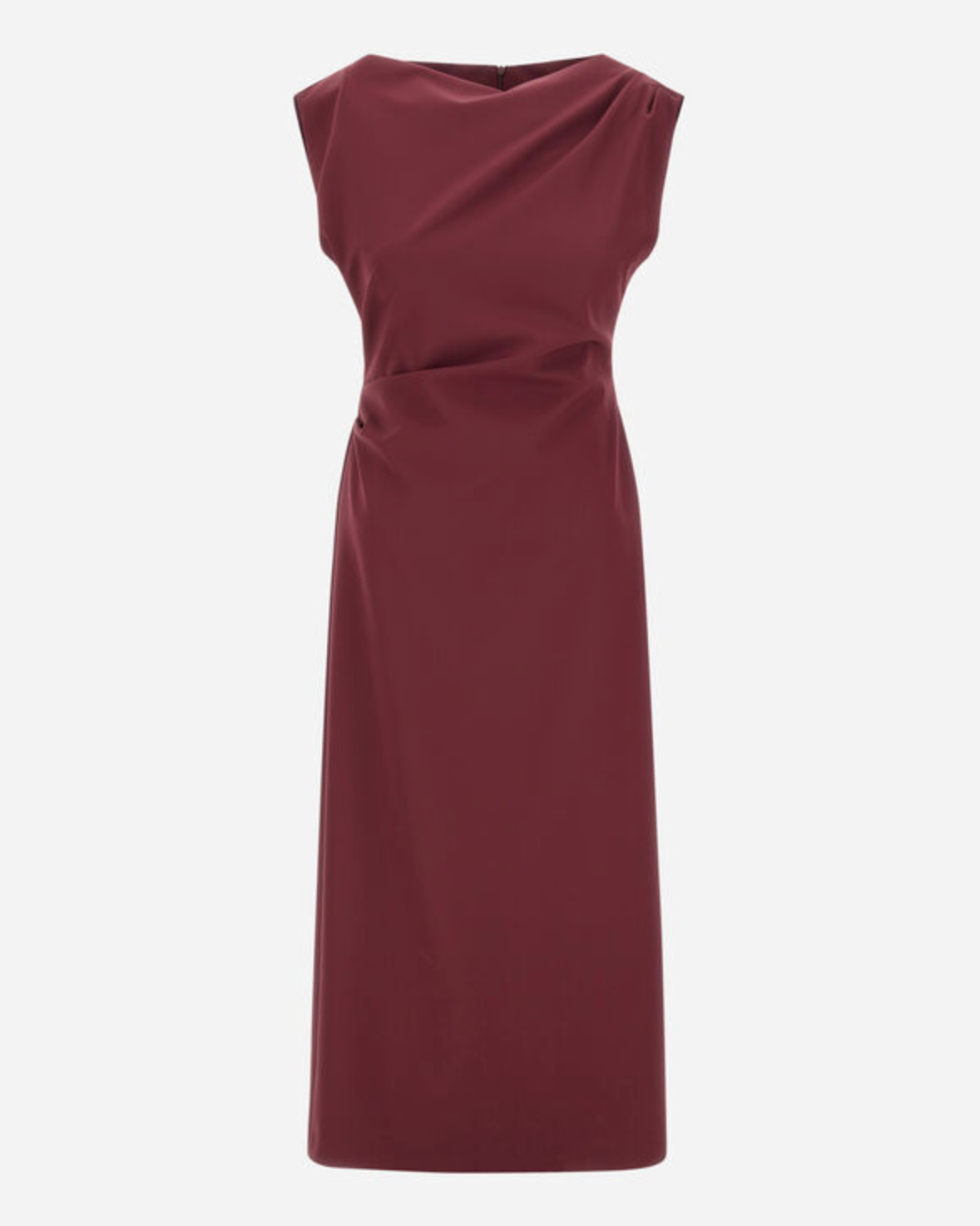 Herno bordeaux sleeveless midi dress with draped neckline and ruched waist detail