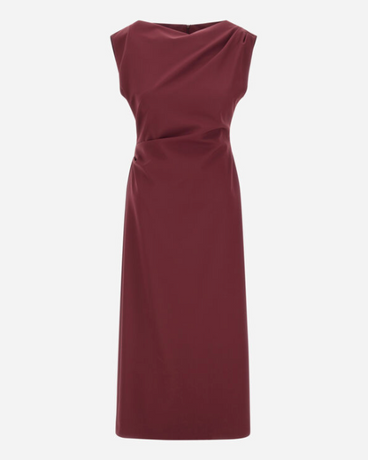 Herno bordeaux sleeveless midi dress with draped neckline and ruched waist detail