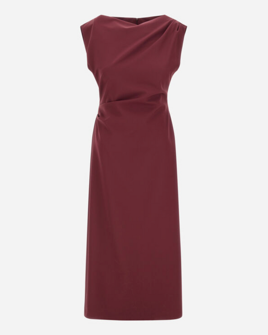 Herno bordeaux sleeveless midi dress with draped neckline and ruched waist detail