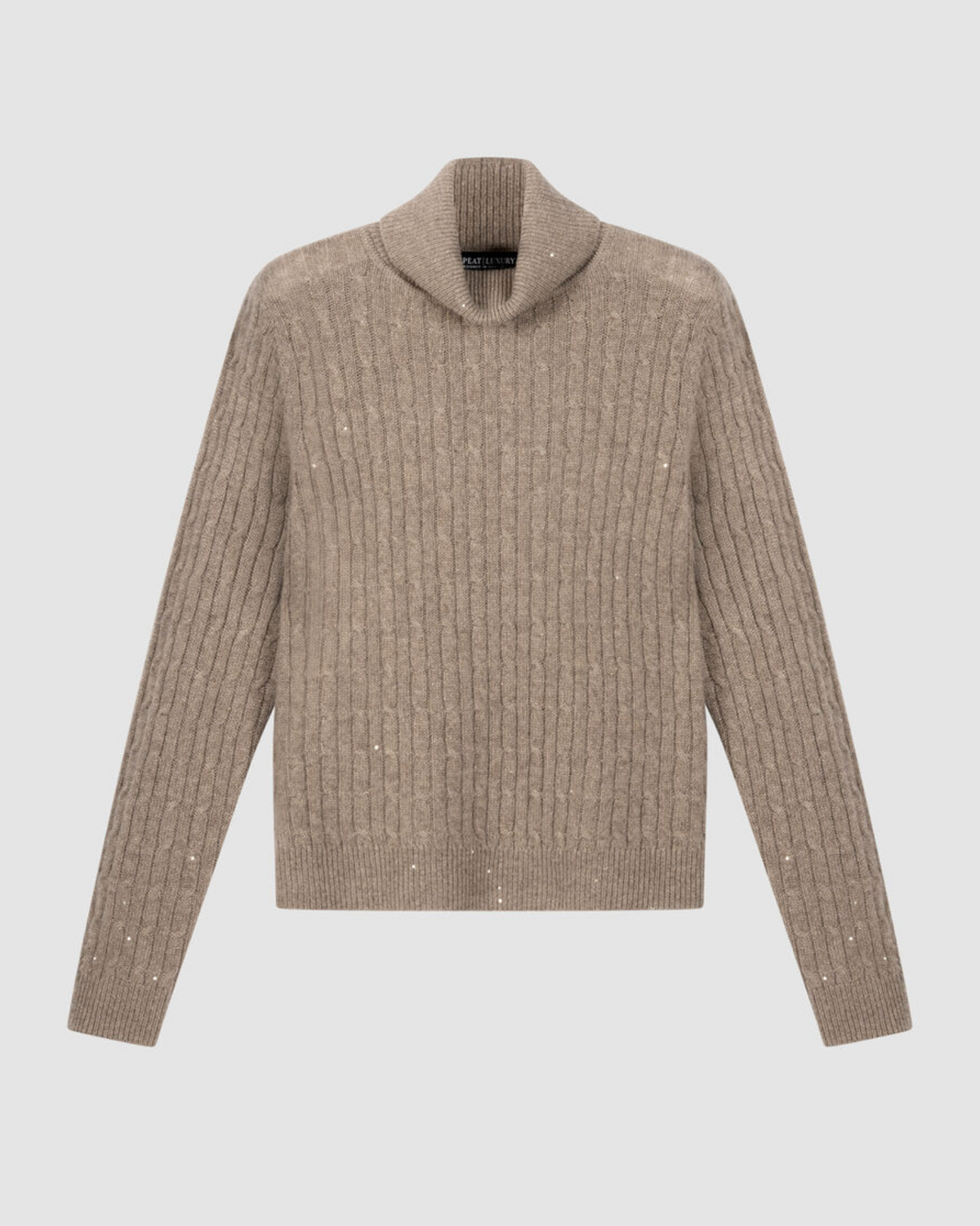 Sand cable-knit cashmere turtleneck sweater with subtle lurex detail by Repeat