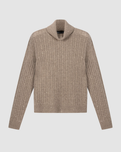 Sand cable-knit cashmere turtleneck sweater with subtle lurex detail by Repeat