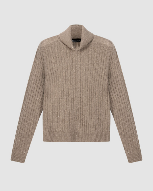Sand cable-knit cashmere turtleneck sweater with subtle lurex detail by Repeat