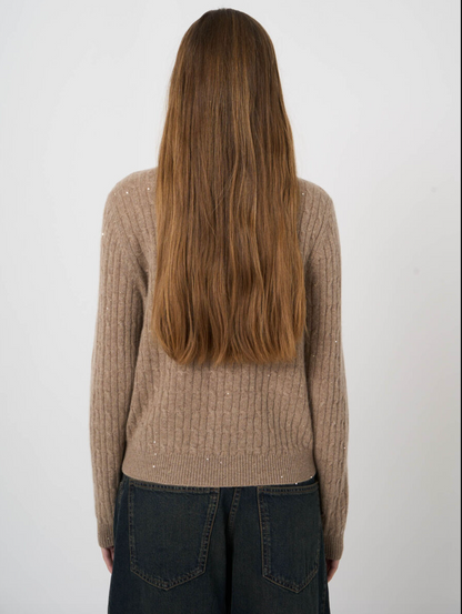 Sand cable-knit cashmere turtleneck sweater with subtle lurex detail, back view