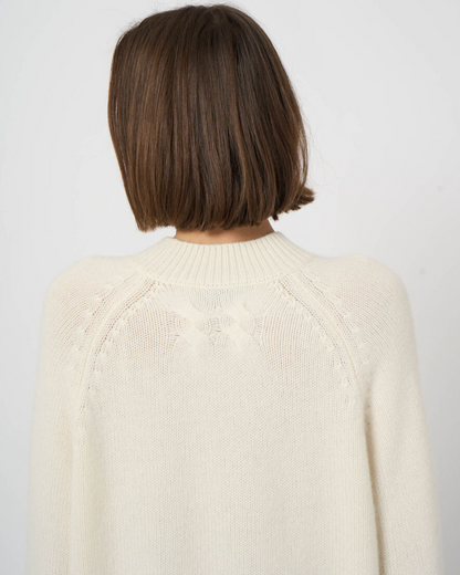 Repeat Cashmere cream chunky knit sweater with ribbed collar, back view