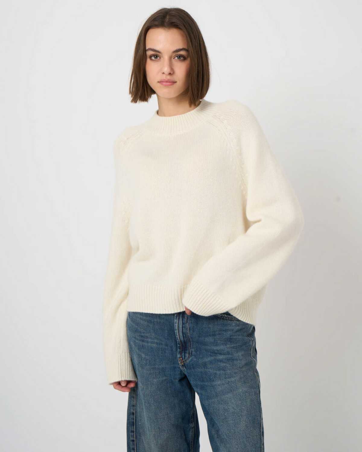 Cream chunky knit crewneck sweater with ribbed cuffs and hem, oversized fit