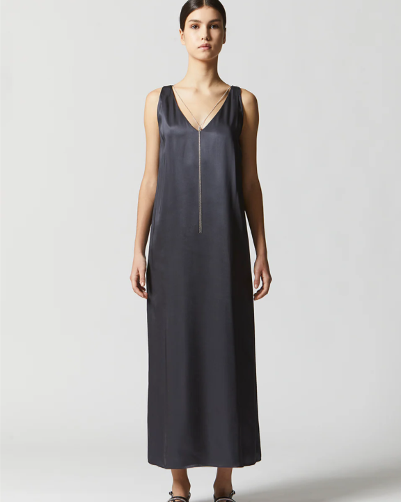 Viscose Satin Midi Dress with Jewel in Space Blue
