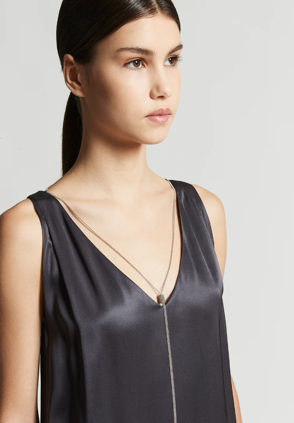 Viscose Satin Midi Dress with Jewel in Space Blue