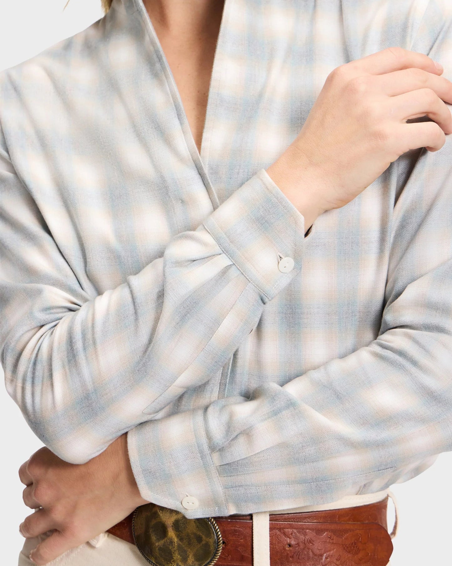 Sarah Alexandra light blue plaid flannel button-up shirt with brown western belt