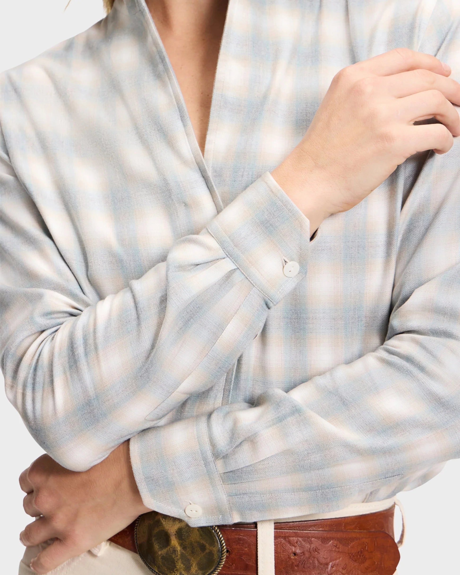 Sarah Alexandra light blue plaid flannel button-up shirt with brown western belt