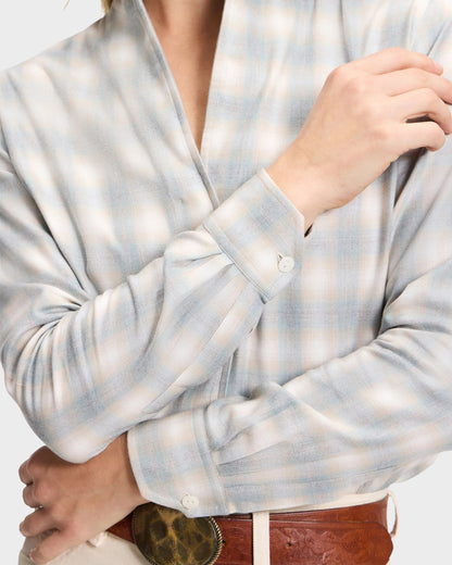 Sarah Alexandra light blue plaid flannel button-up shirt with brown western belt