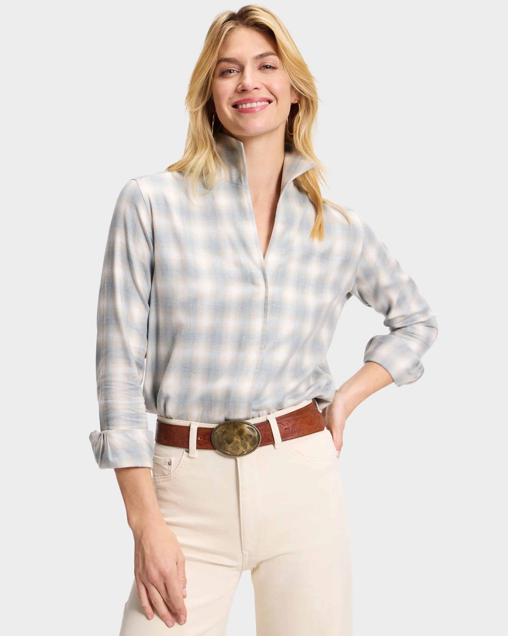 Light blue and cream plaid flannel blouse with rolled cuffs and open collar