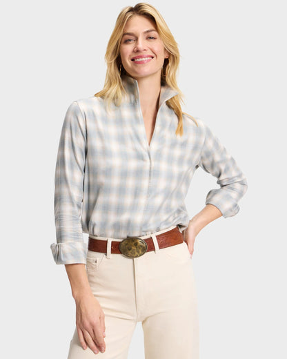 Light blue and cream plaid flannel blouse with rolled cuffs and open collar