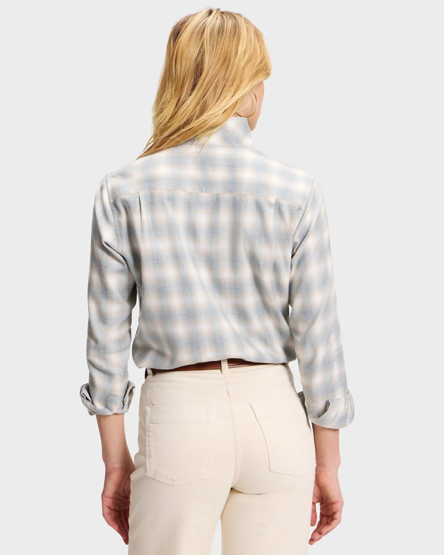 Sarah Alexandra plaid flannel shirt in blue and cream, back view, rolled sleeves