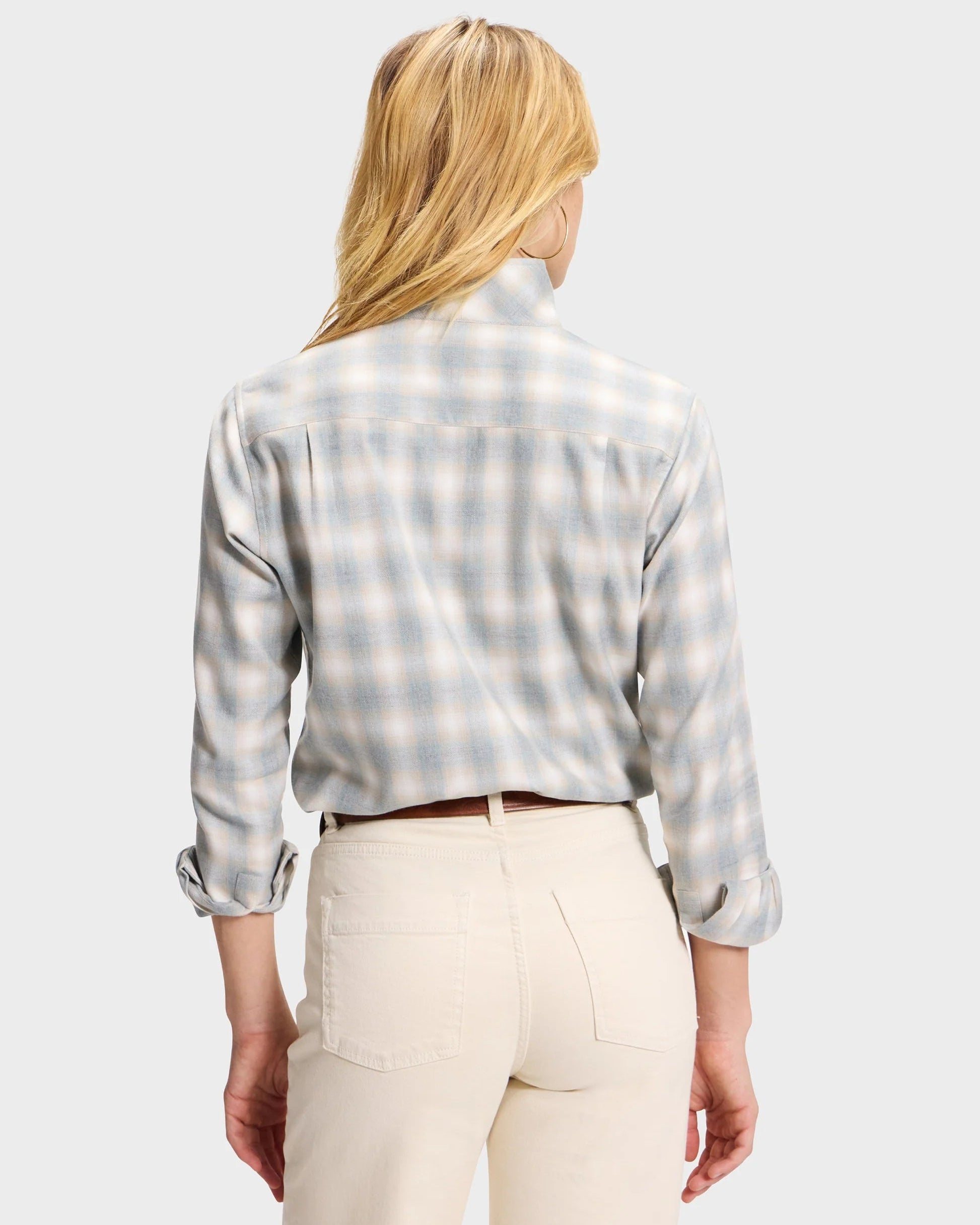 Sarah Alexandra plaid flannel shirt in blue and cream, back view, rolled sleeves
