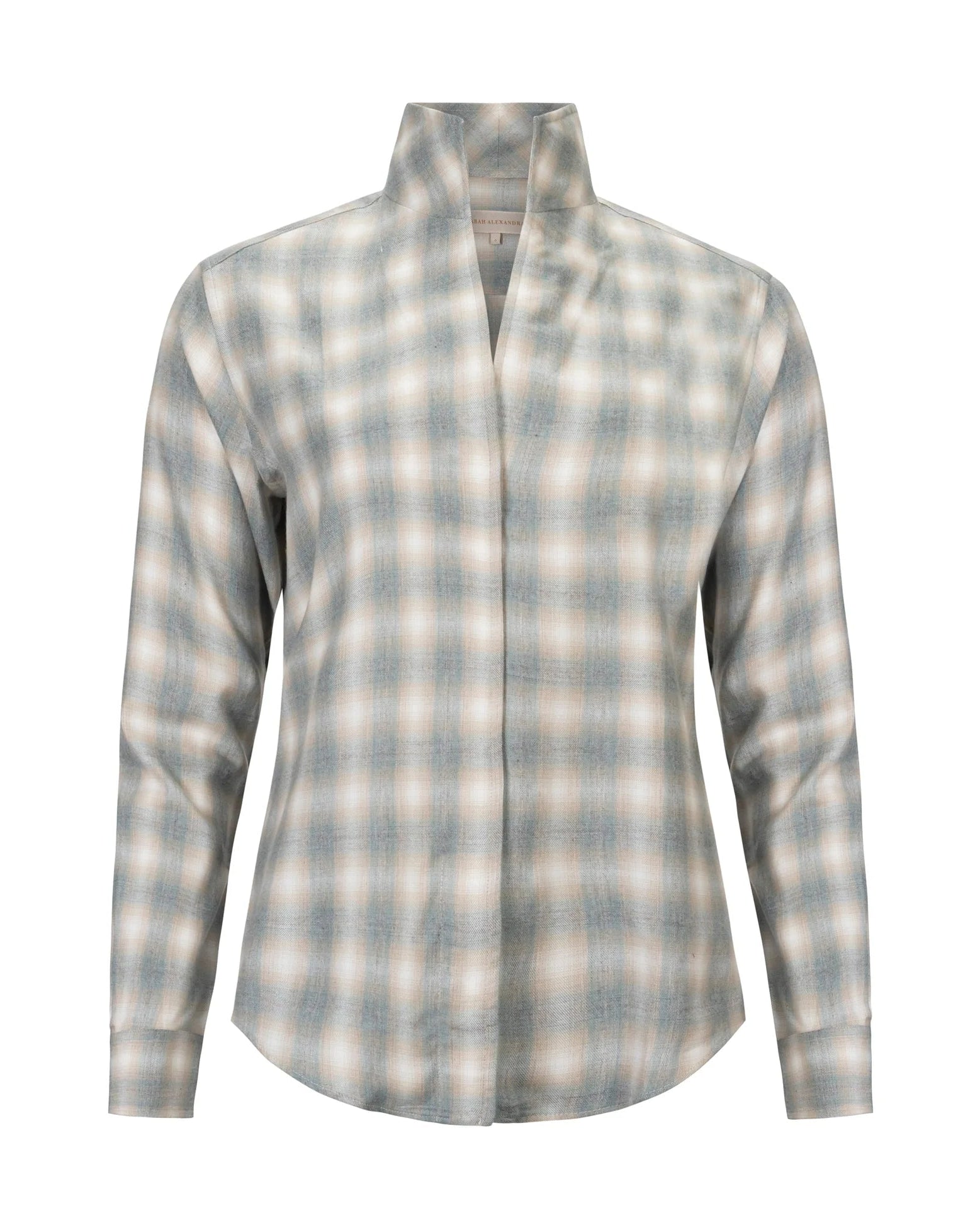 Sarah Alexandra plaid flannel shirt in grey and beige with high collar