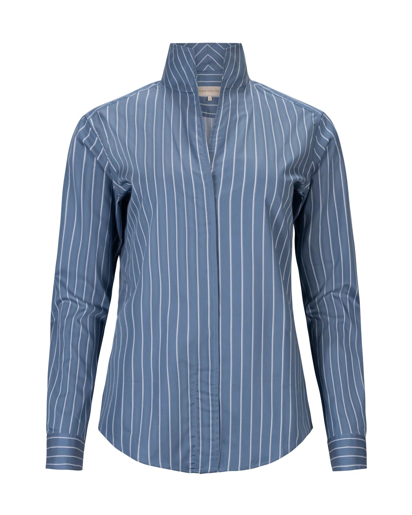 Sarah Alexandra Portofino blue pinstripe fitted shirt with mandarin collar and long sleeves