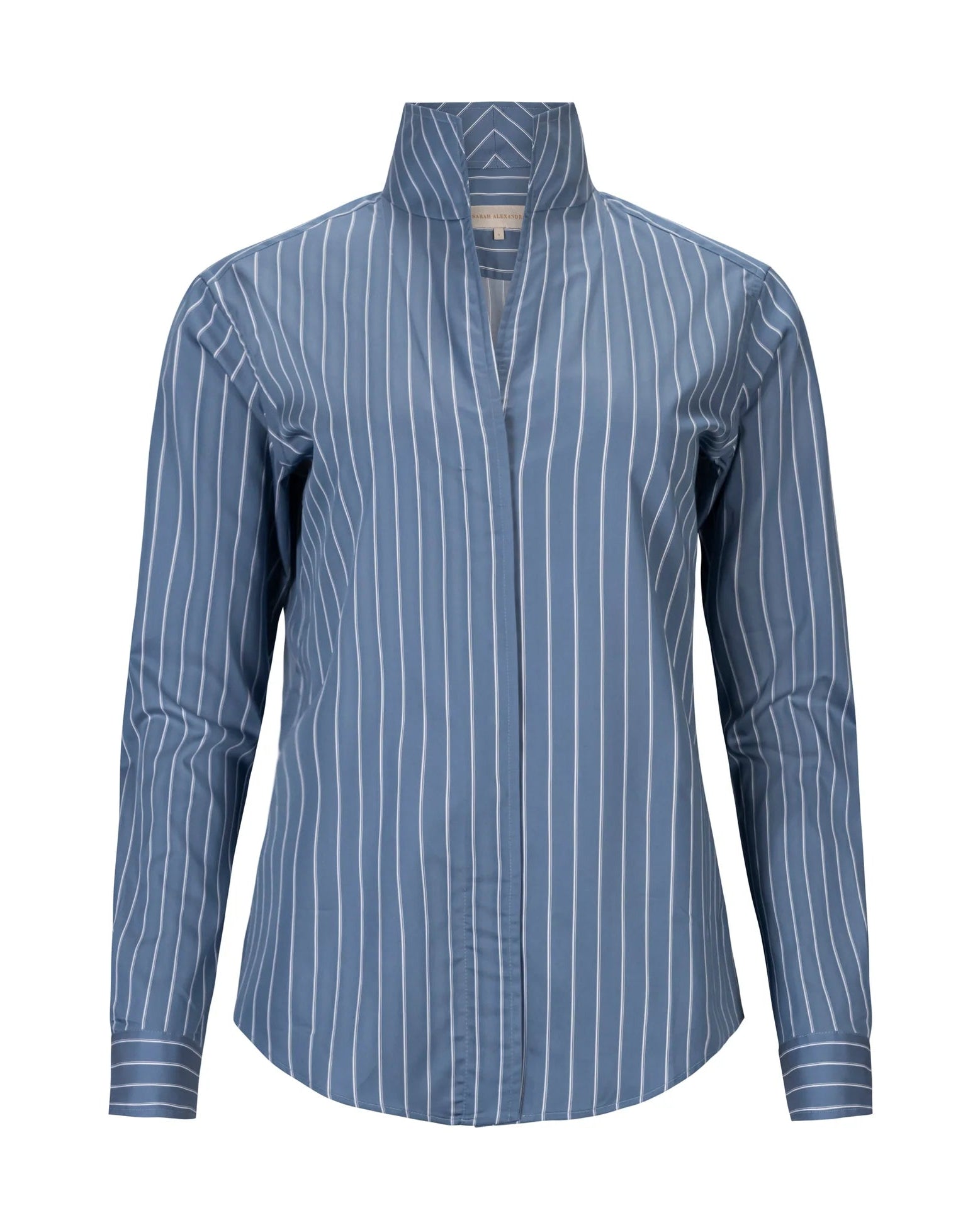 Sarah Alexandra Portofino blue pinstripe fitted shirt with mandarin collar and long sleeves