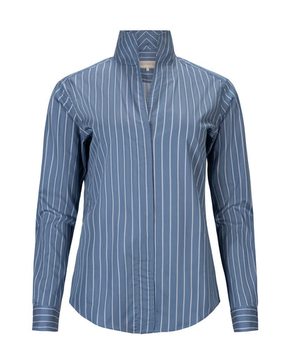 Sarah Alexandra Portofino blue pinstripe fitted shirt with mandarin collar and long sleeves