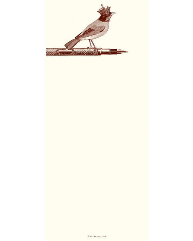 Cream notepad with sepia illustration of crowned bird perched on ornate pen