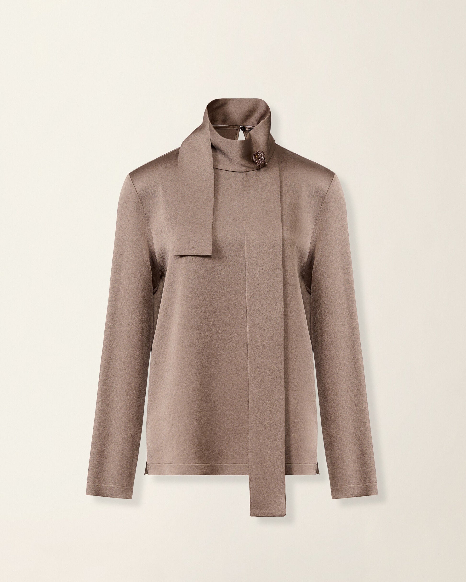 Taupe satin long-sleeve blouse with draped scarf collar and brooch detail
