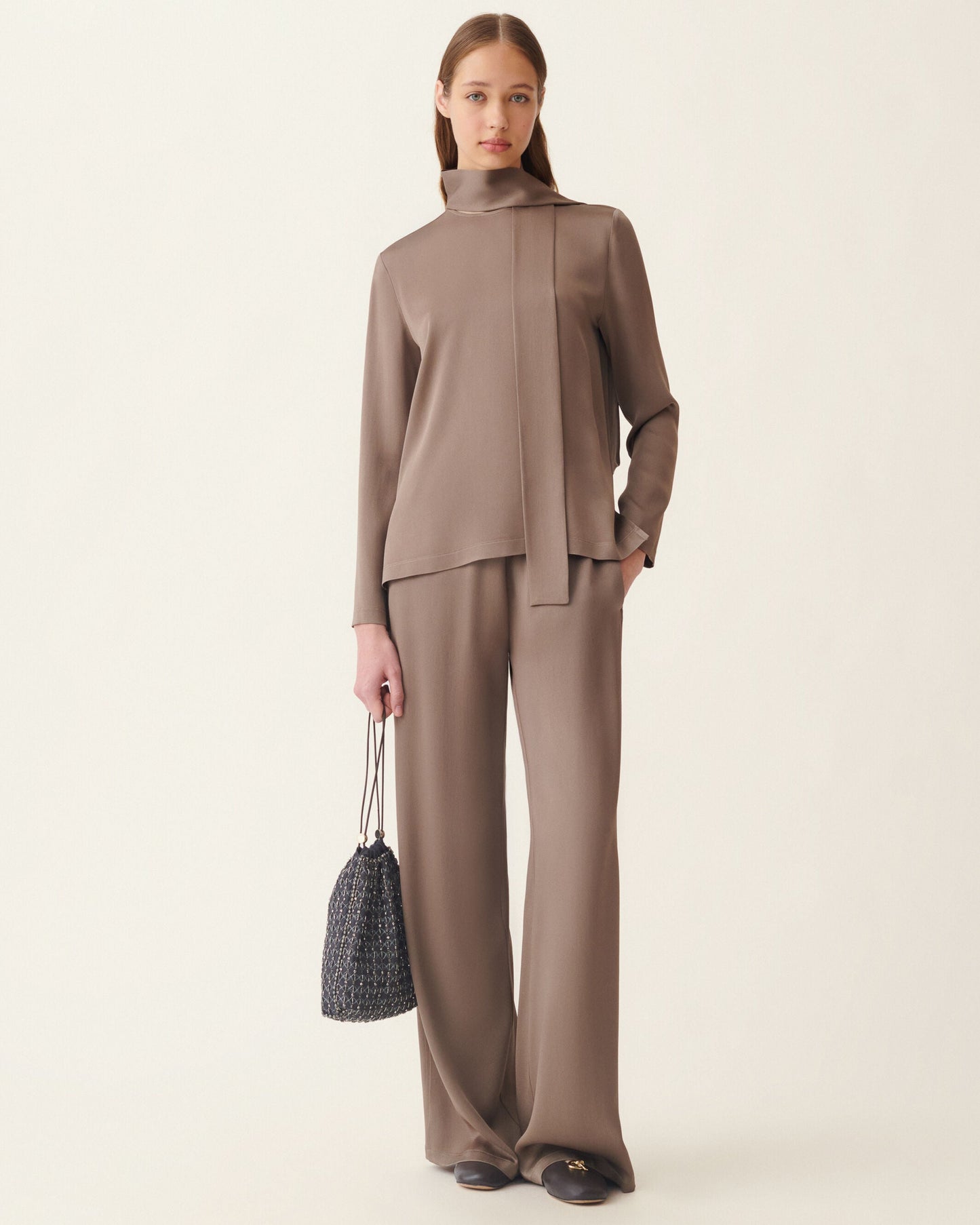 Fabiana Filippi taupe satin long-sleeve top with scarf neck detail