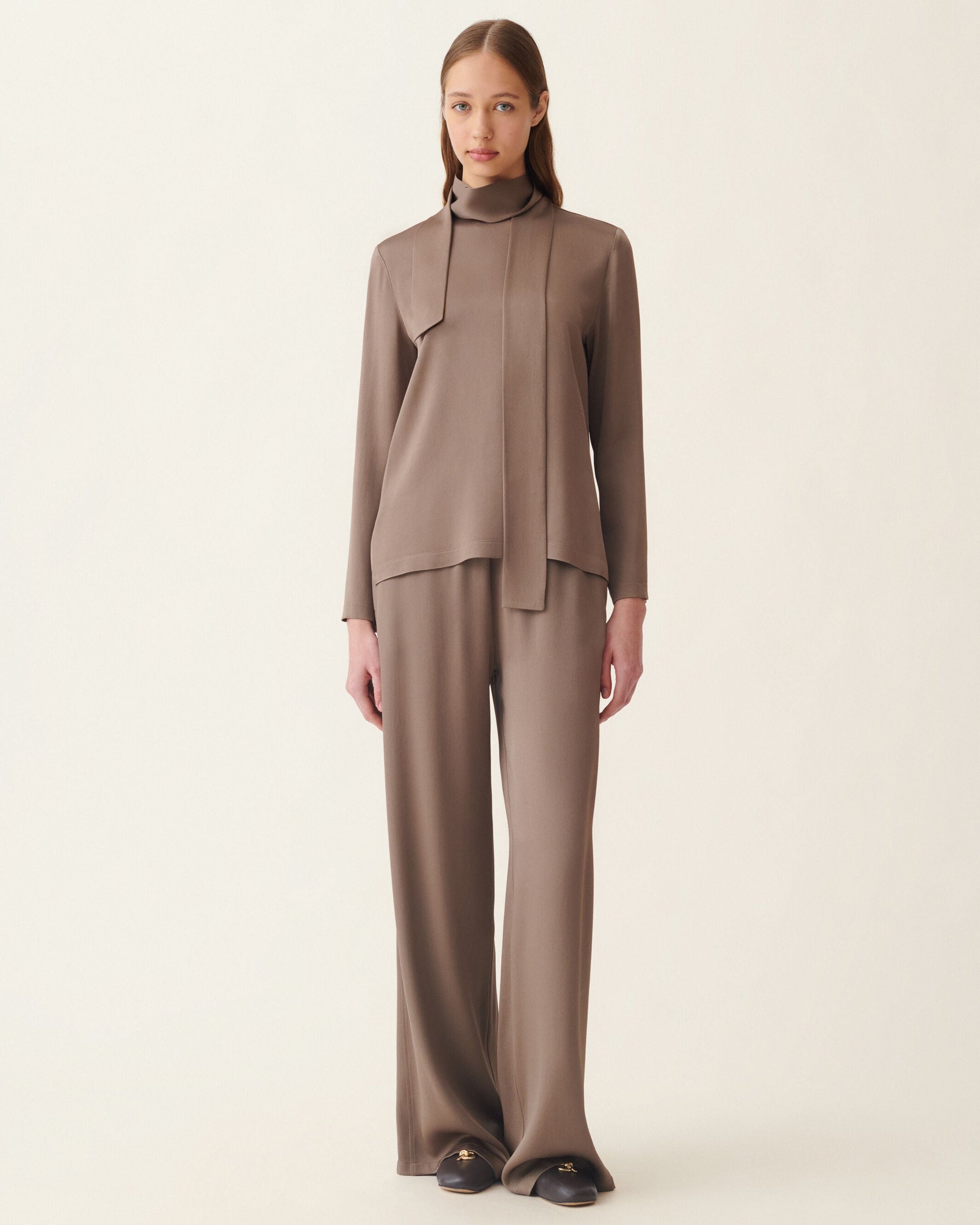 Fabiana Filippi taupe satin long-sleeve top with draped neck tie detail