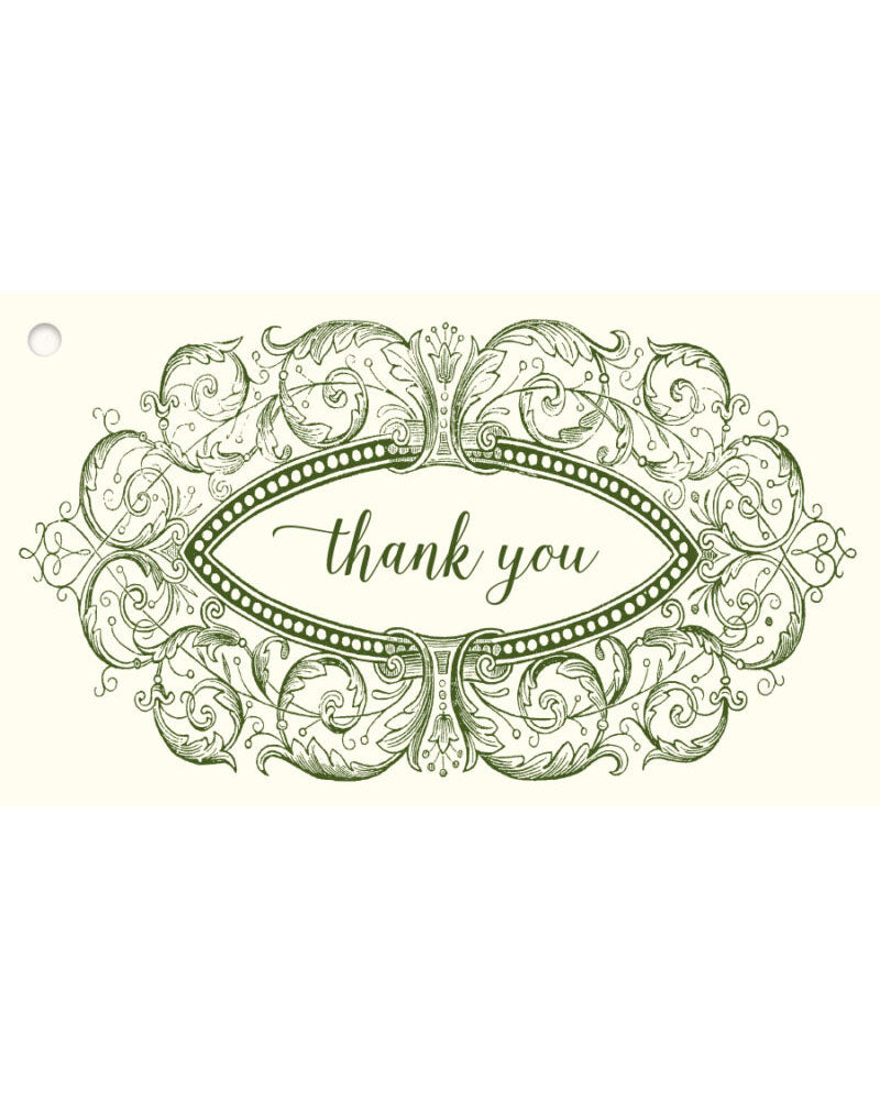 Green ornate scrollwork gift tag with thank you script lettering on cream background