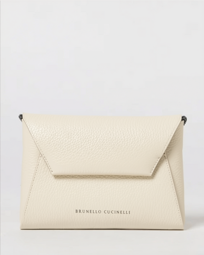 Brunello Cucinelli ivory pebbled leather envelope clutch bag with chain strap