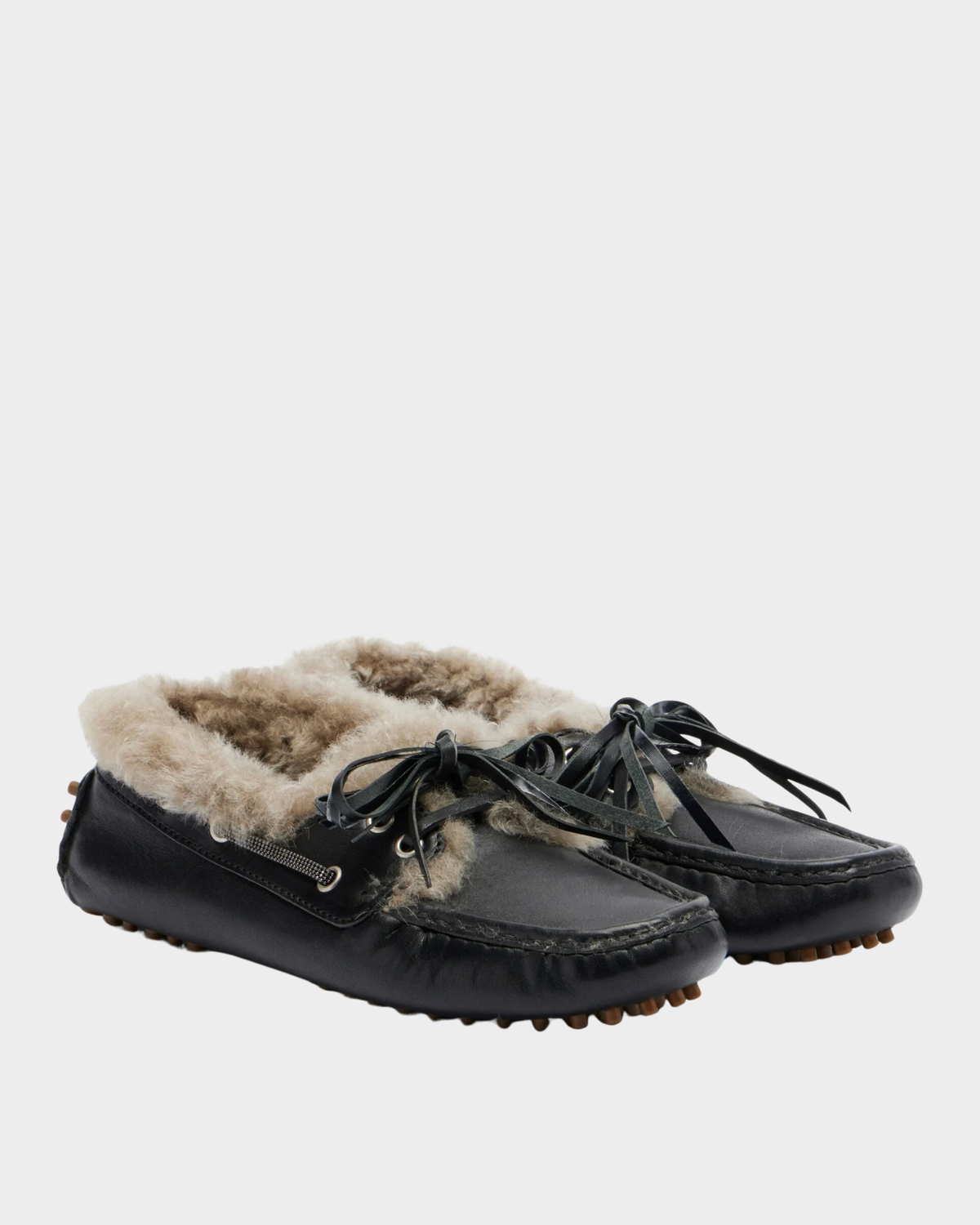 Brunello Cucinelli black leather boat shoes with shearling fur lining and lace detail