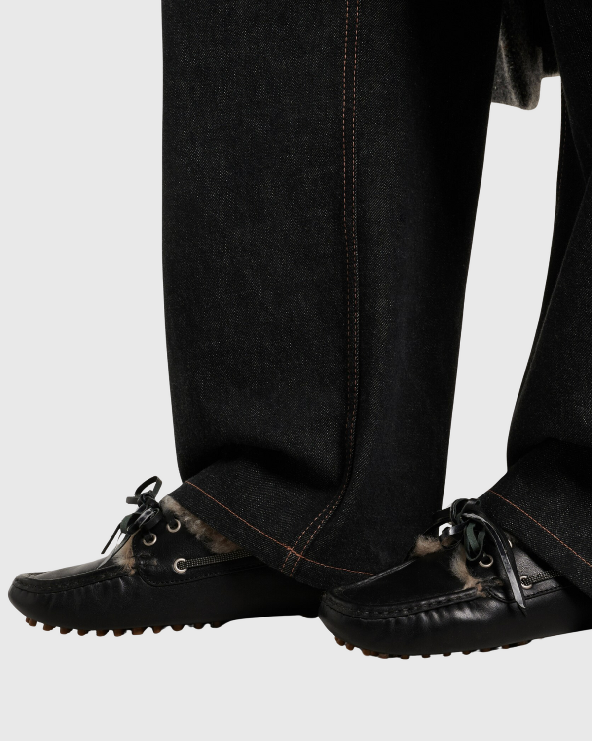 Brunello Cucinelli black shearling leather boat shoes with lace detail, rubber sole