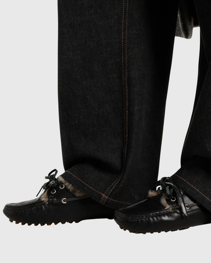 Brunello Cucinelli black shearling leather boat shoes with lace detail, rubber sole