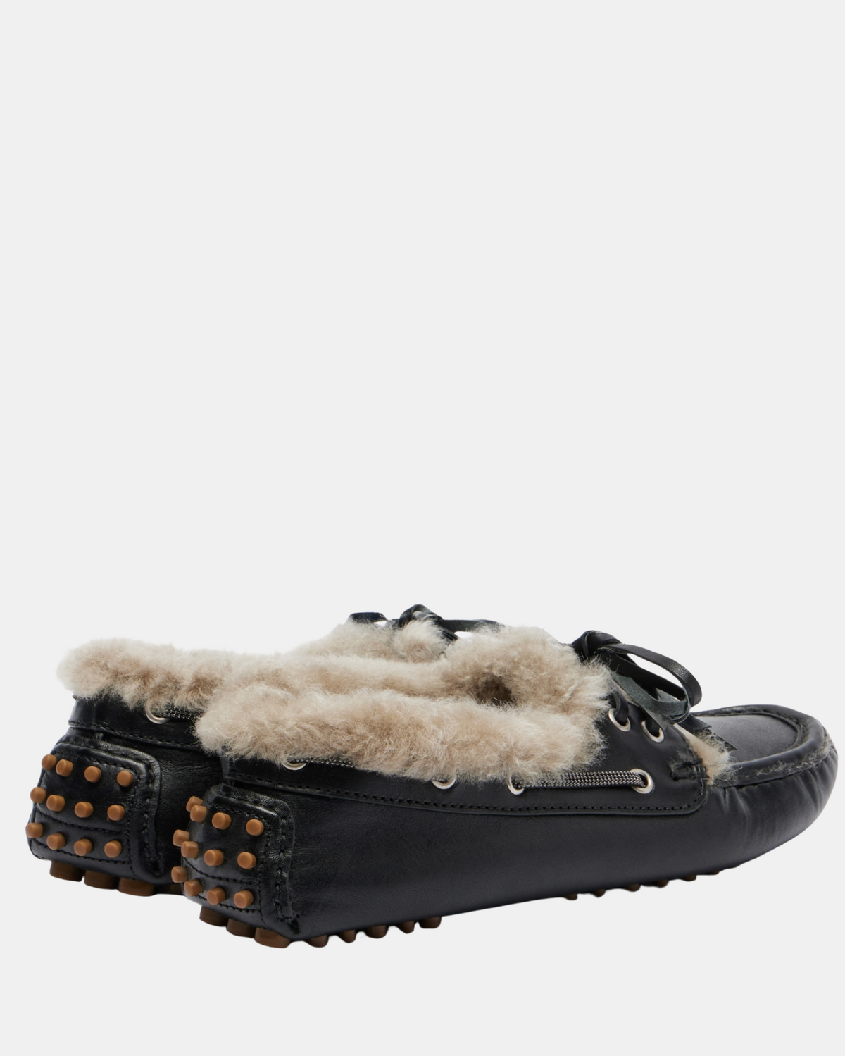Black leather shearling-lined boat shoes with brown rubber pebble sole and lace detail