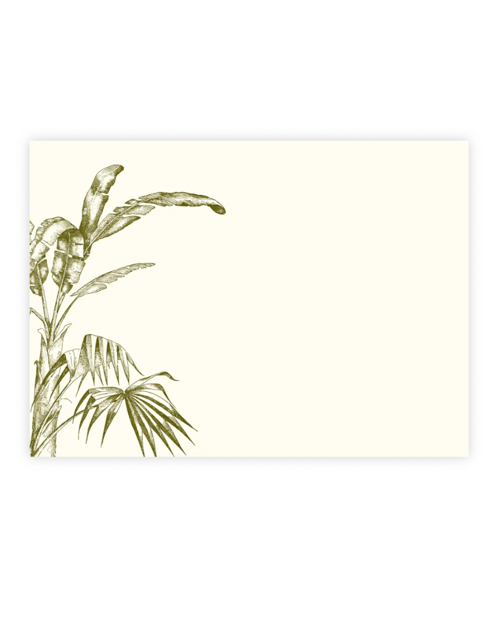 Cream flat note card with olive green tropical botanical illustration on left side