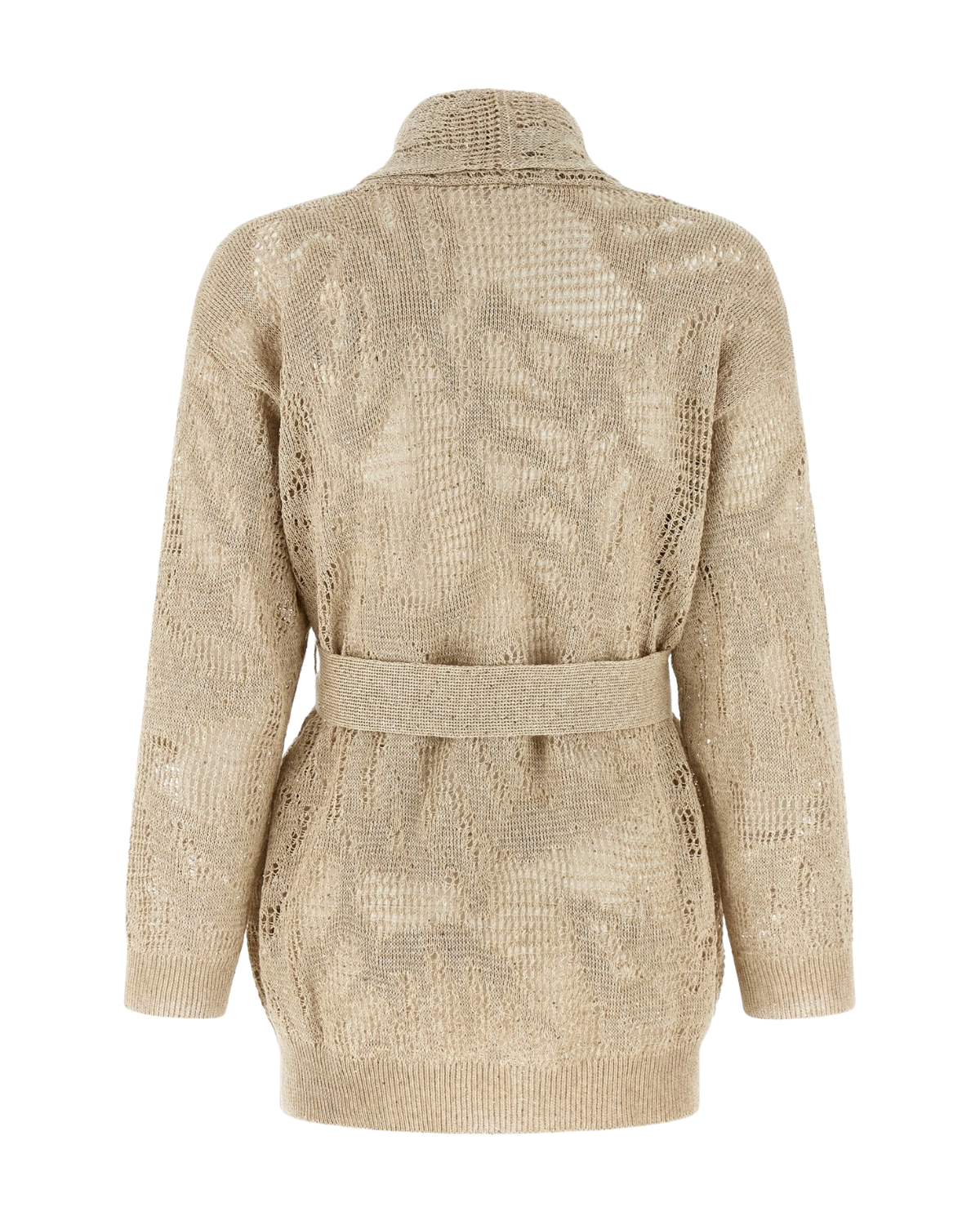 Linen Cotton Pailette Water Leaves Embroidered Shawl Collar Cardigan in Beige