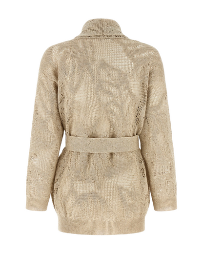 Linen Cotton Pailette Water Leaves Embroidered Shawl Collar Cardigan in Beige