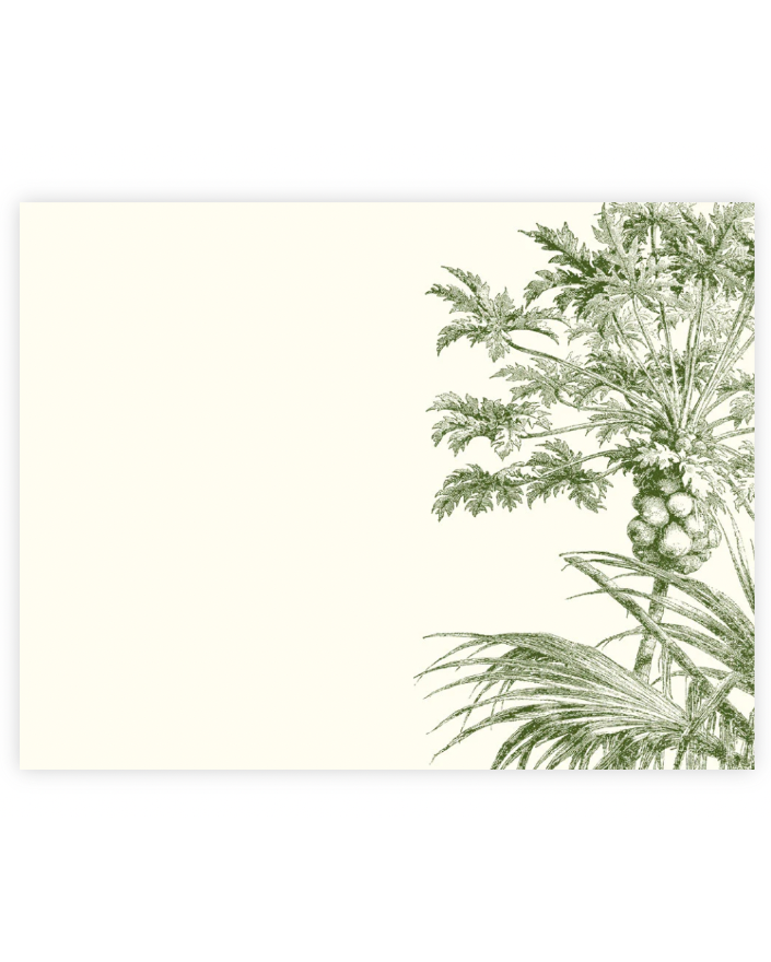 Ecru flat note card with green botanical papaya tree illustration on right side