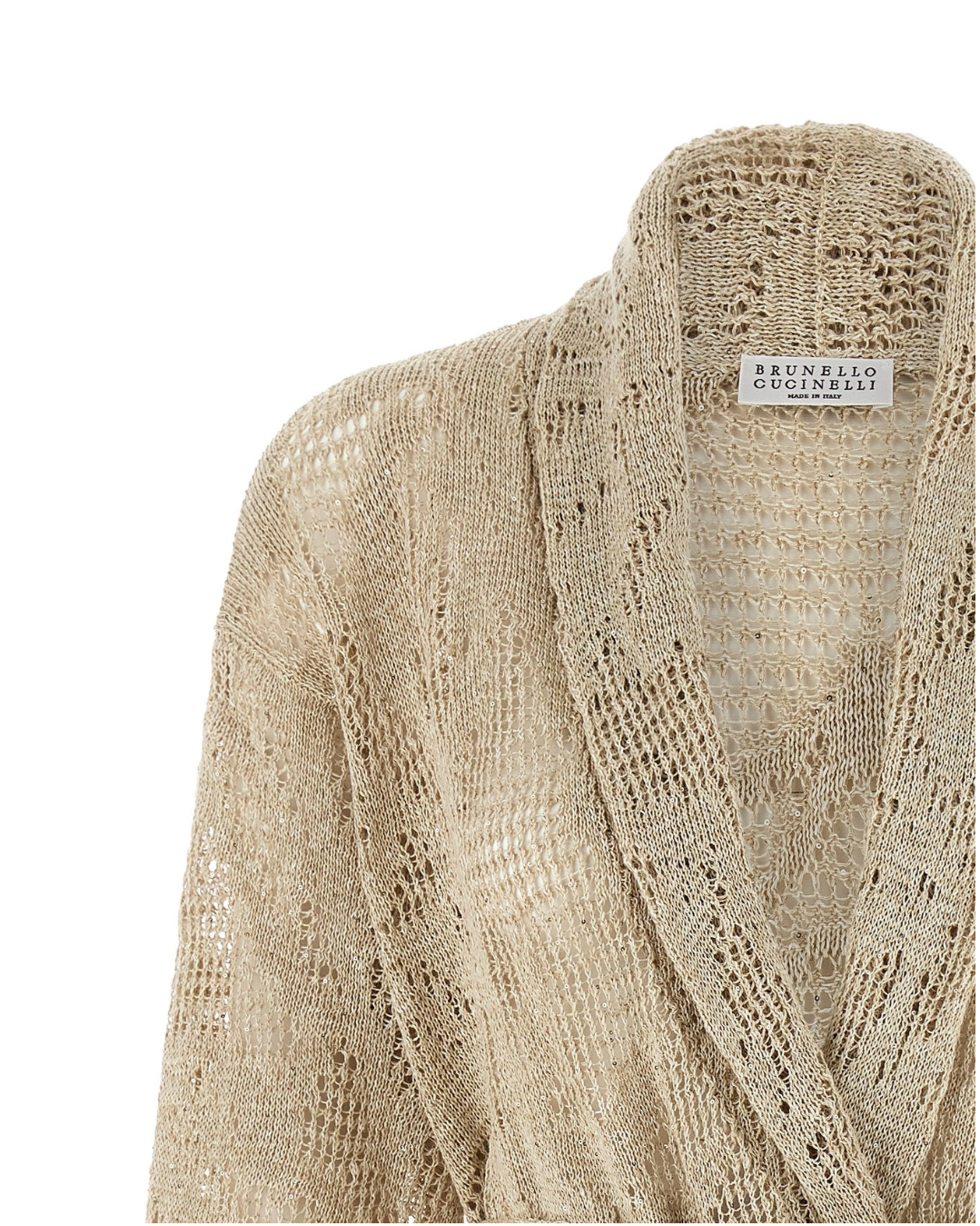 Linen Cotton Pailette Water Leaves Embroidered Shawl Collar Cardigan in Beige