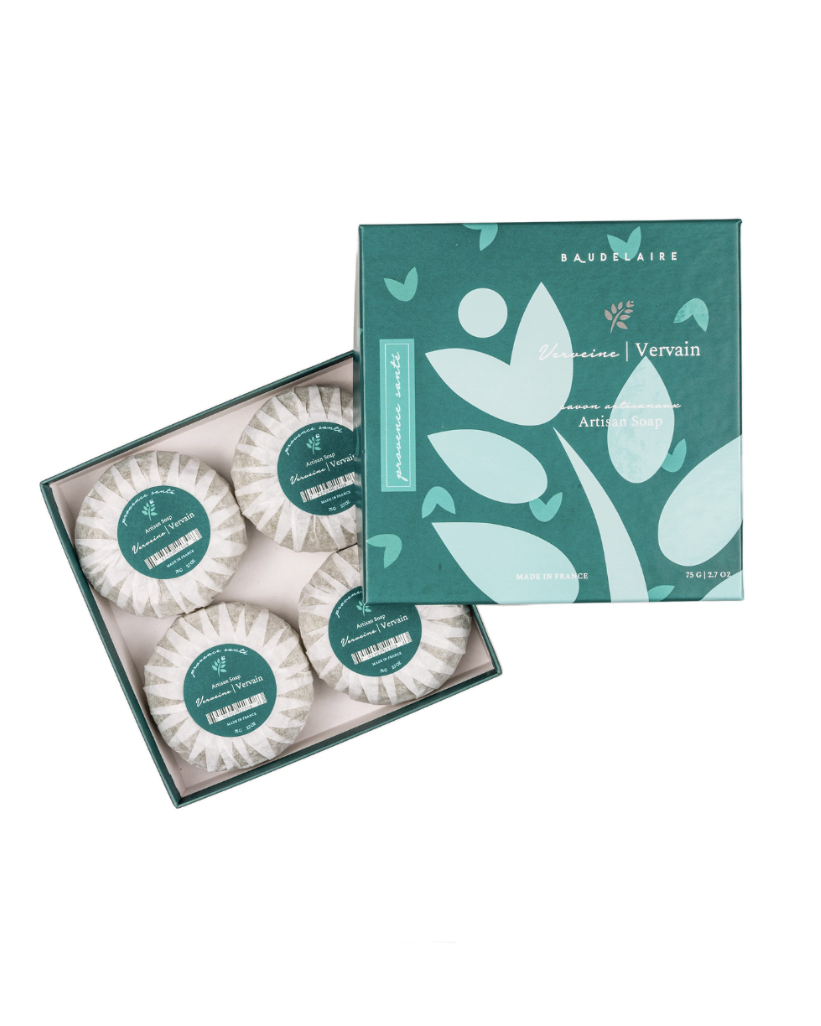 Baudelaire Vervain artisan soap gift box with four wrapped bars in teal packaging