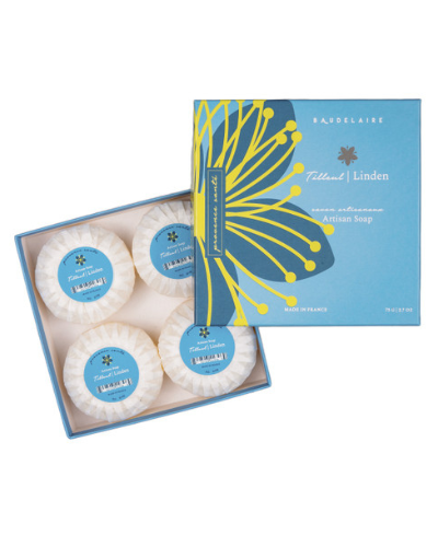 Baudelaire Linden artisan soap gift box with four wrapped round bars in blue packaging