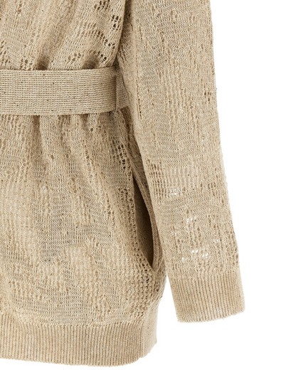 Linen Cotton Pailette Water Leaves Embroidered Shawl Collar Cardigan in Beige