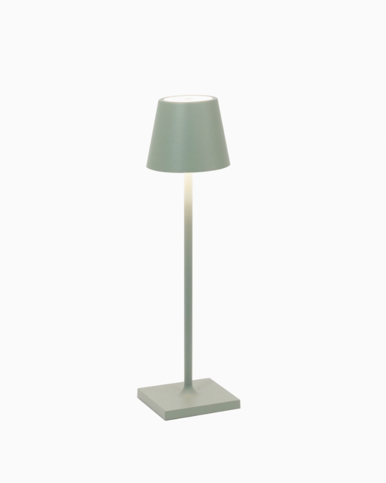 Sage green cordless rechargeable table lamp with tapered shade on slim pole base