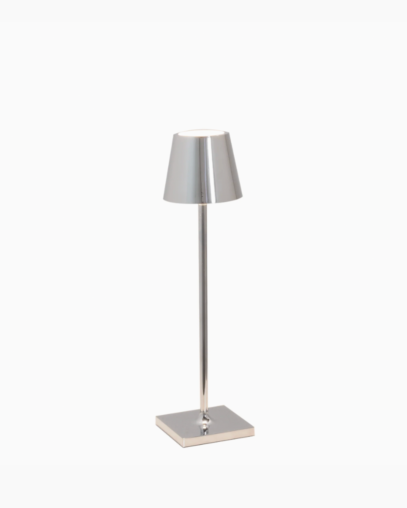 Zafferano Poldina Pro Micro cordless table lamp in polished chrome with square base