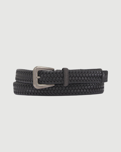Brunello Cucinelli black braided leather belt with silver western-style buckle