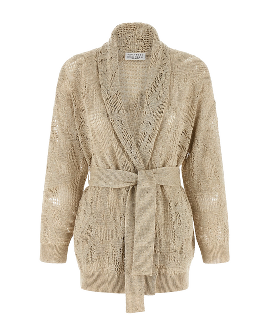 Linen Cotton Pailette Water Leaves Embroidered Shawl Collar Cardigan in Beige