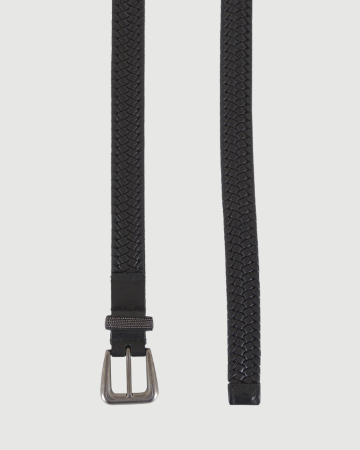 Brunello Cucinelli black braided stretch leather belt with silver pin buckle
