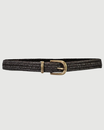 Brunello Cucinelli dark brown stretch braided leather belt with gold-tone buckle
