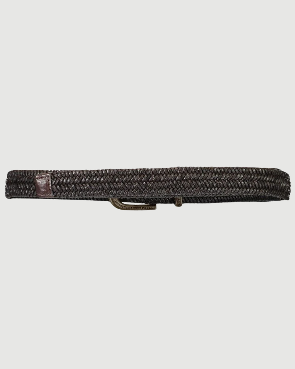 Dark brown stretch braided leather belt with antique brass buckle