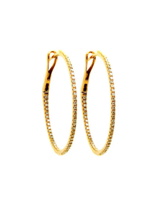 14K Diamond Skinny Inside Out Hoop 1 inch in Yellow Gold