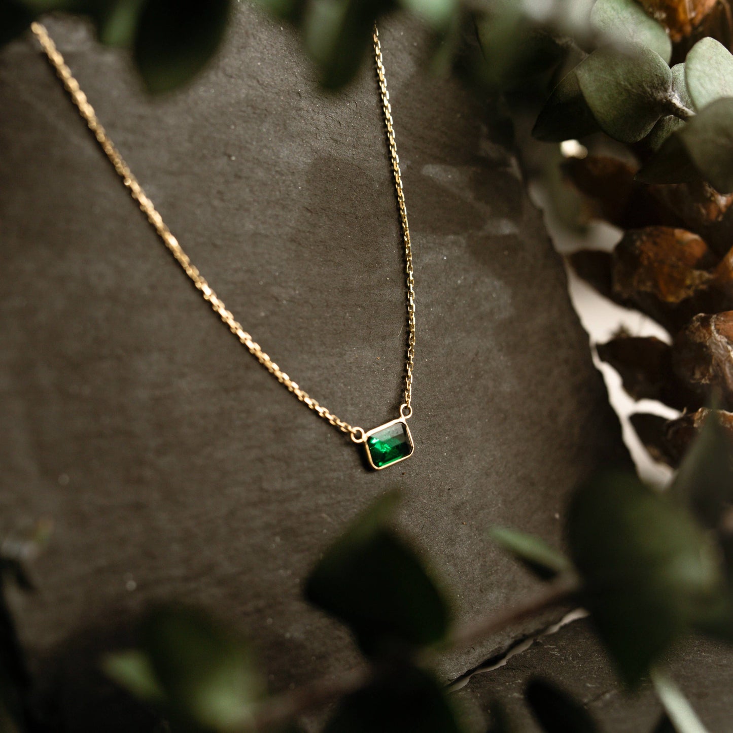 14k Solid Gold Rectangular Emerald Necklace